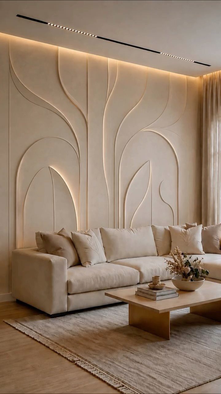 10 Accent Wall Panels for Every Room Style 8 Cream-colored organic 3D accent wall panels behind a beige sectional sofa in a modern living room.