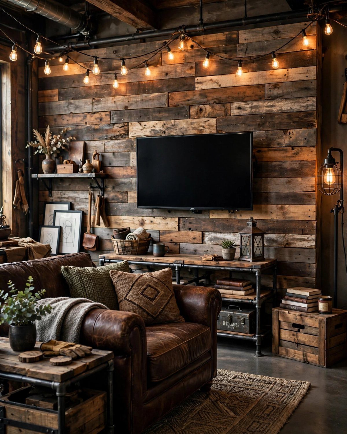 10 Accent Wall Panels for Every Room Style 3 Reclaimed wood planks covering a living room wall behind a leather sofa and television.