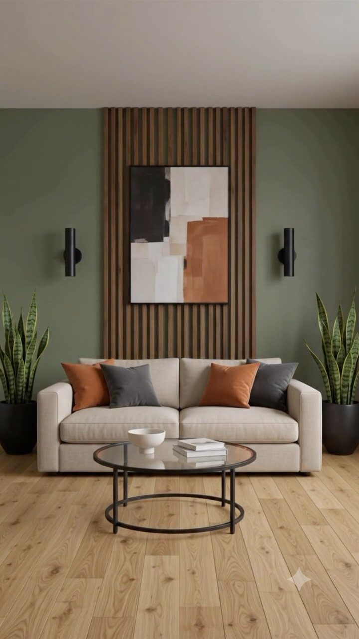 10 Accent Wall Panels for Every Room Style 4 Vertical wood strip panels mounted on a sage green wall behind a beige sofa.