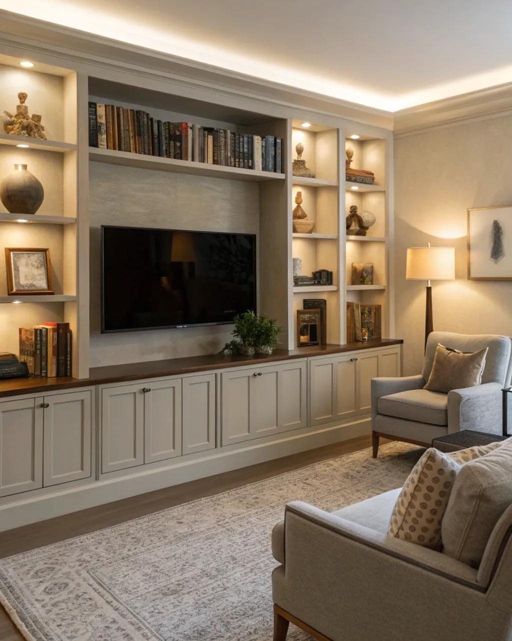 17 Built-In Shelves Living Room Ideas That Balance Style and Storage 5 Built-in shelving unit with books and decor surrounding a television in a living room.