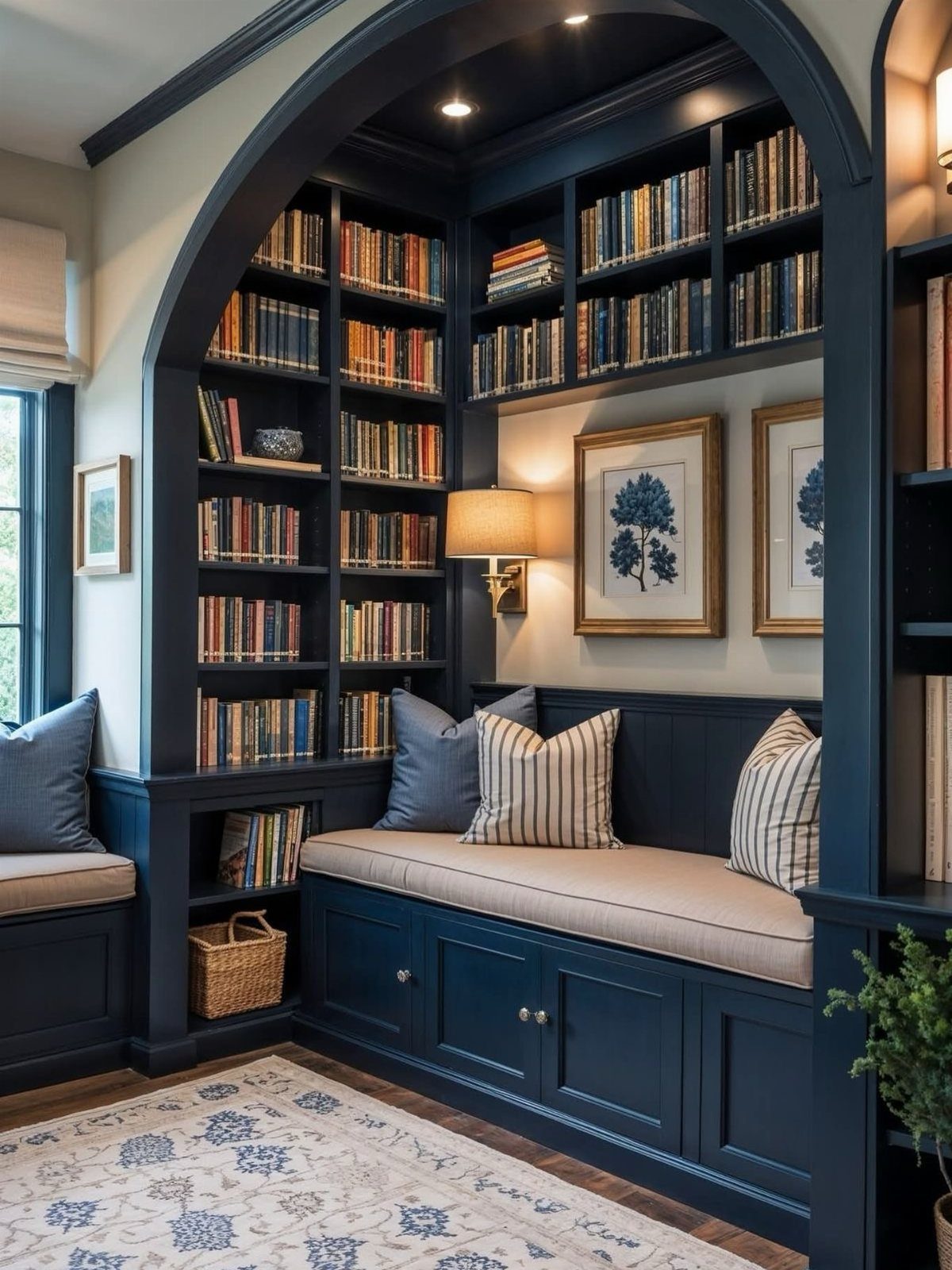 17 Built-In Shelves Living Room Ideas That Balance Style and Storage 6 Navy blue built-in bookshelves with an arched alcove containing a cushioned bench seat and books.
