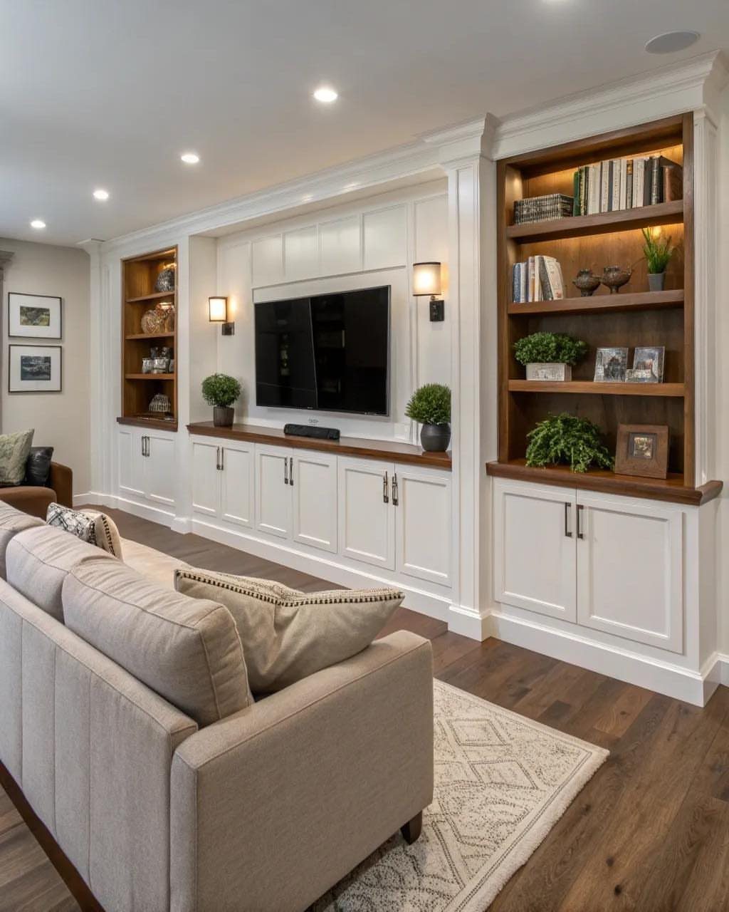 17 Built-In Shelves Living Room Ideas That Balance Style and Storage 11 White built-in entertainment center with wooden open shelves and lower storage cabinets in a living room.