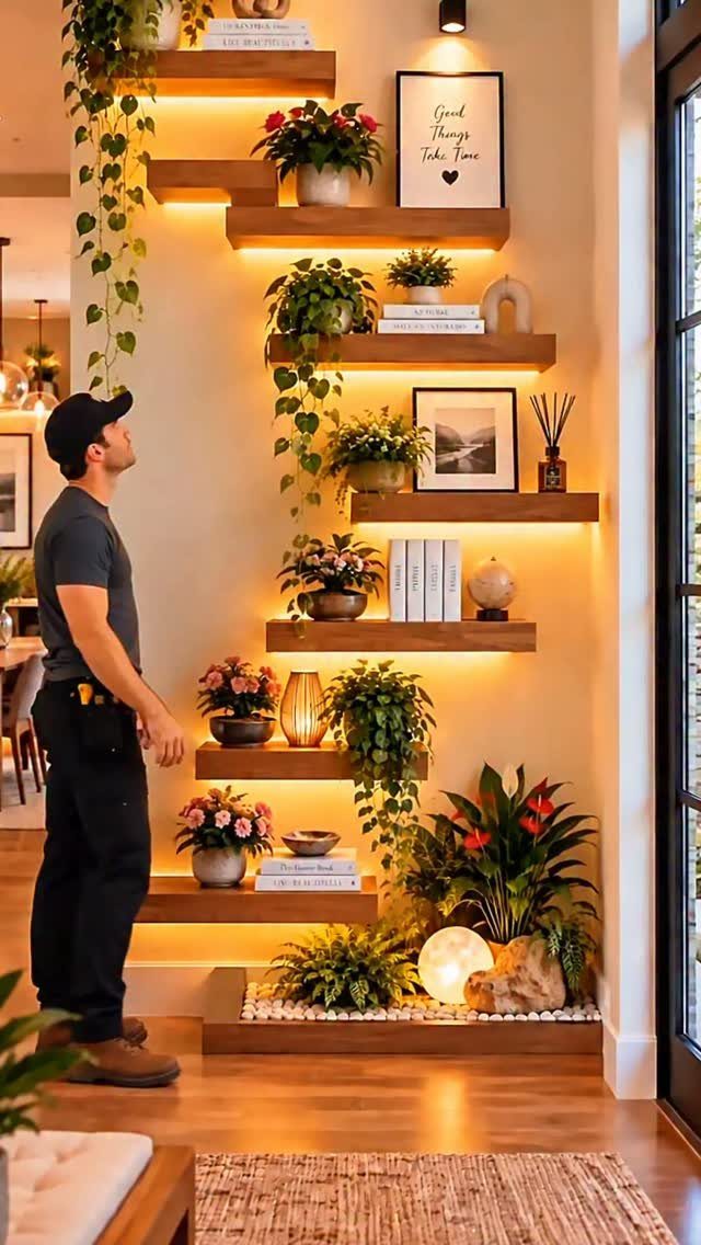 17 Built-In Shelves Living Room Ideas That Balance Style and Storage 9 Man standing beside staggered wooden floating shelves decorated with plants and warm integrated lighting.