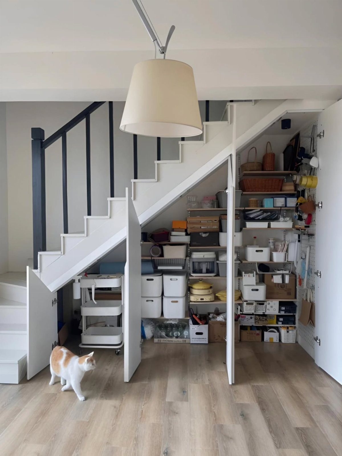 17 Built-In Shelves Living Room Ideas That Balance Style and Storage 7 White stairs with black railings overlooking organized storage bins and shelves under the staircase.