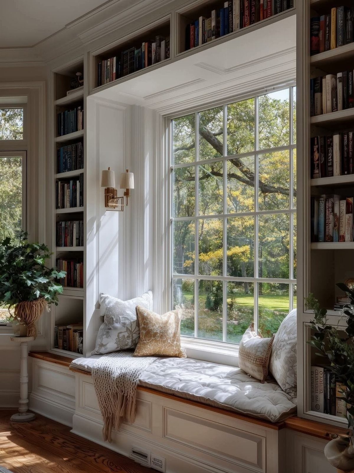 17 Built-In Shelves Living Room Ideas That Balance Style and Storage 4 A white window seat with cushions sits nestled between built-in bookshelves overlooking a green garden.