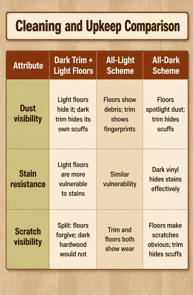 Dark Trim Light Floors: 4 Key Differences to Weigh Before You Choose 2 A cleaning and upkeep comparison image showing light floors and dark trim.