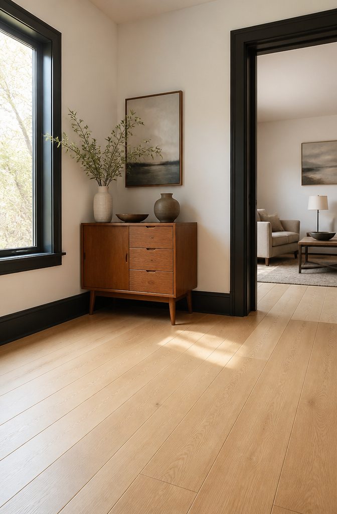 Dark Trim Light Floors: 4 Key Differences to Weigh Before You Choose 6 A contemporary room featuring dark trim and light oak floors in a stylish setup.