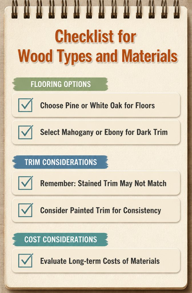 Dark Trim Light Floors: 4 Key Differences to Weigh Before You Choose 5 A checklist image for wood types and materials suitable for trim and floors.