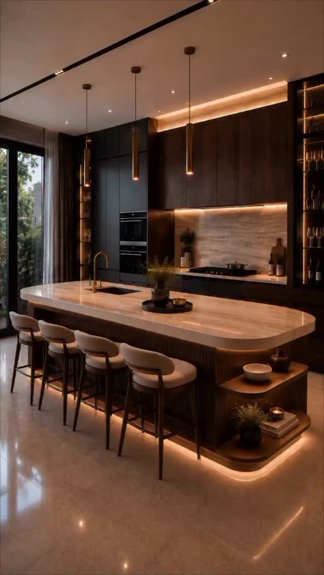 Dark Wood Floors with Light Wood Cabinets: 10 Kitchen Pairings 7 Modern kitchen with dark wood cabinets, a light marble island, and polished light floors.