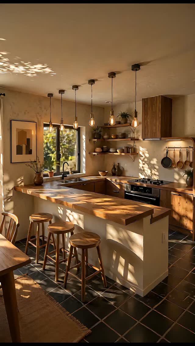 Dark Wood Floors with Light Wood Cabinets: 10 Kitchen Pairings 4 Natural wood kitchen cabinets and breakfast bar with dark tiled flooring under warm sunlight.