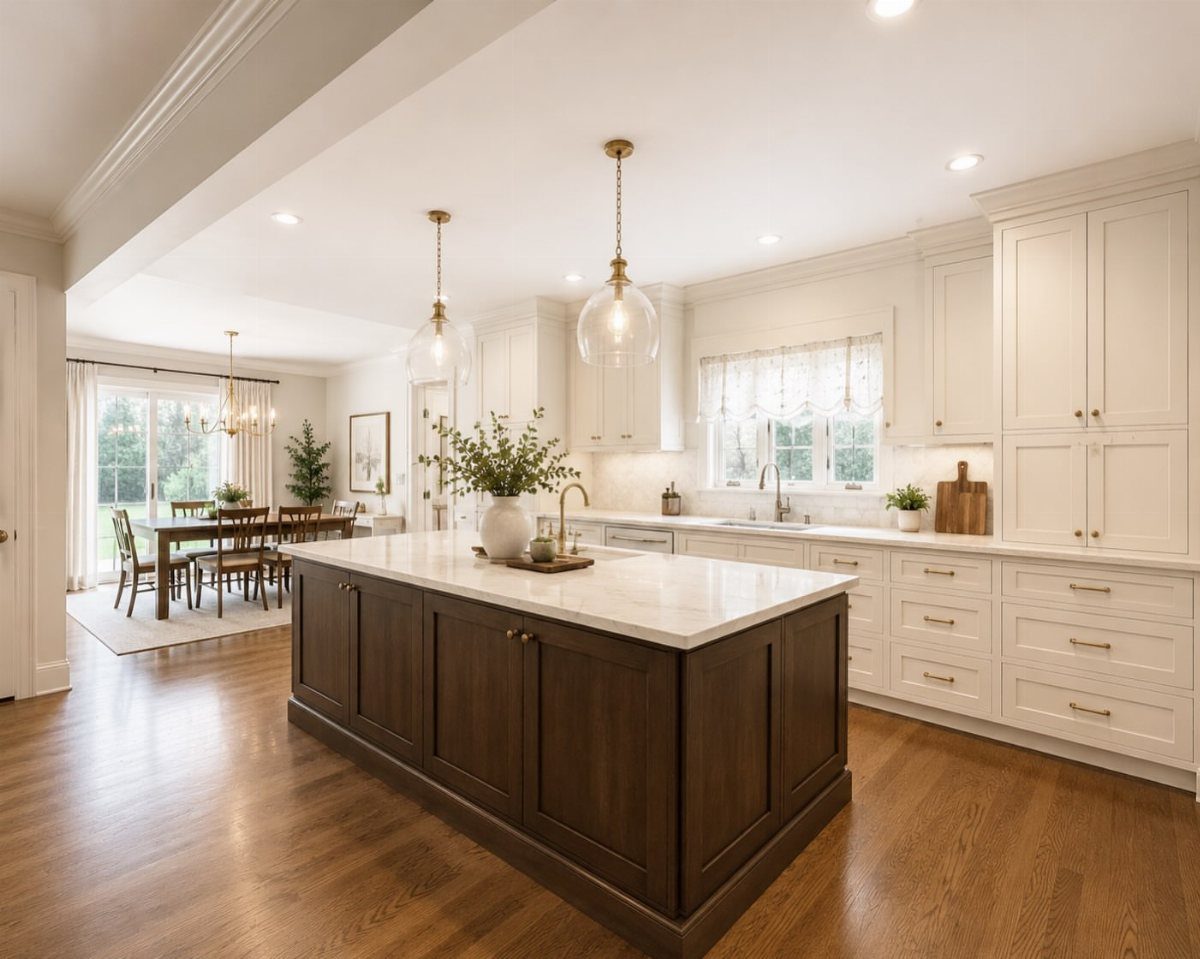 Dark Wood Floors with Light Wood Cabinets: 10 Kitchen Pairings 6 Off-white kitchen cabinets and a dark wood island set against warm brown hardwood floors.