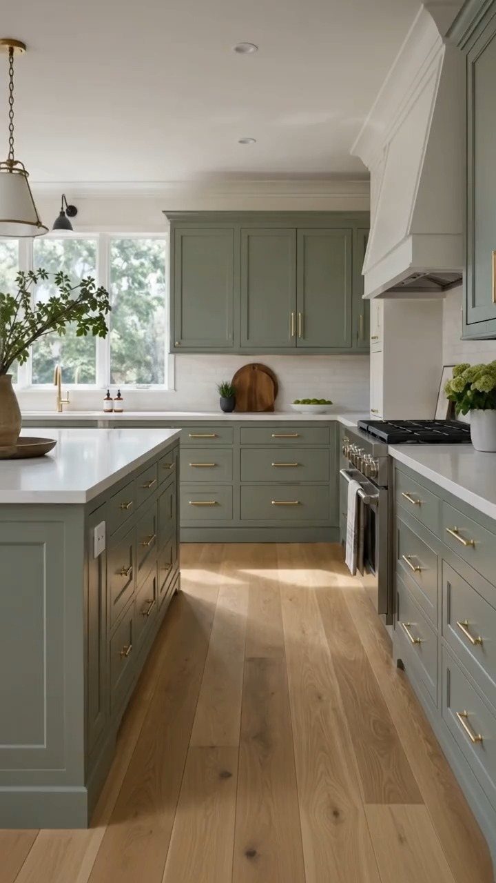 Dark Wood Floors with Light Wood Cabinets: 10 Kitchen Pairings 3 Sage green kitchen cabinets with gold handles and light warm wood flooring.