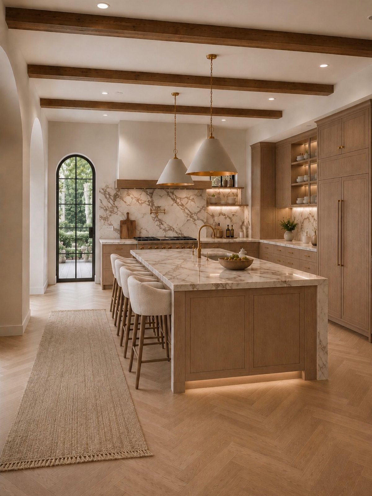 Dark Wood Floors with Light Wood Cabinets: 10 Kitchen Pairings 2 Light wood kitchen cabinets and herringbone wood floors in a modern kitchen setting.