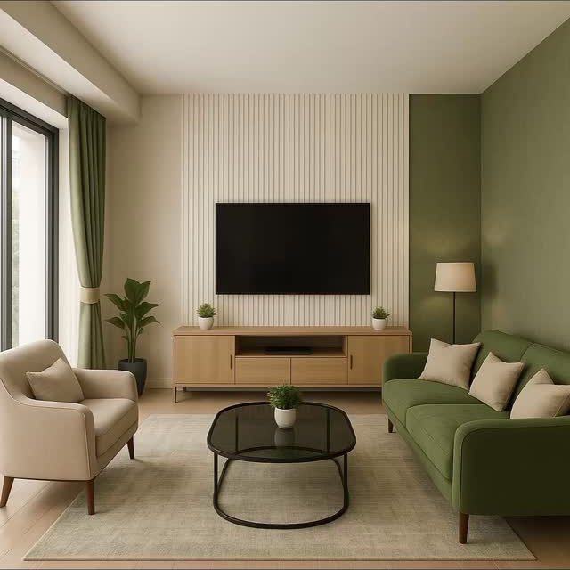 Floor and Wall Color Combinations: 27 Rooms That Get It Right 1 Modern living room with a green sofa, cream armchair, and a sage green accent wall.