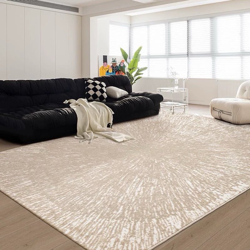 Floor and Wall Color Combinations: 27 Rooms That Get It Right 4 A large beige textured area rug sits on a light wood floor in a modern living room.