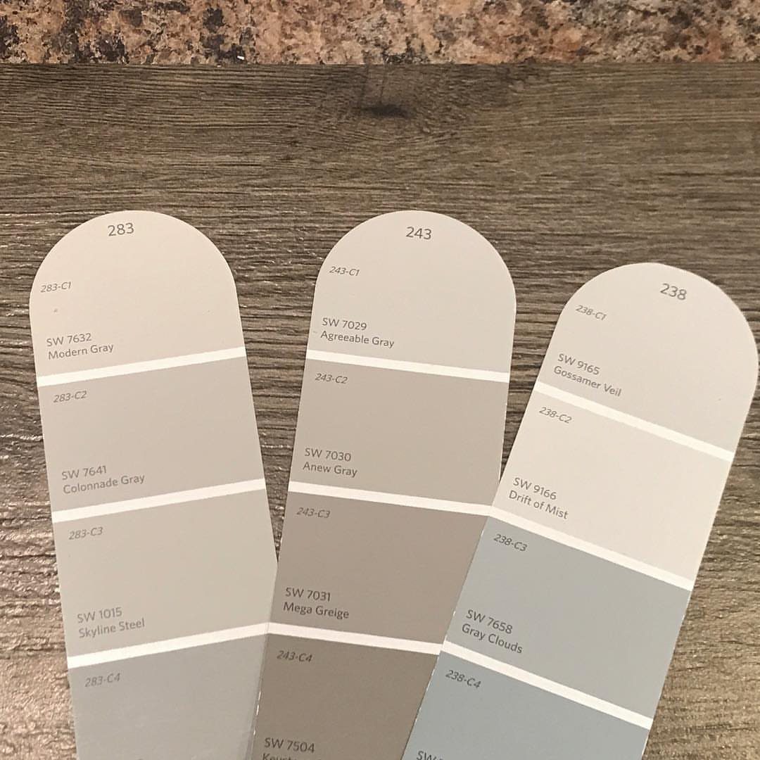 Floor and Wall Color Combinations: 27 Rooms That Get It Right 13 Paint color swatches held against a dark gray weathered wood floor surface.