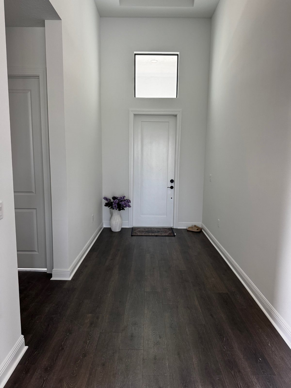Floor and Wall Color Combinations: 27 Rooms That Get It Right 11 Dark wood flooring meets white walls in a bright, narrow hallway with a white door.