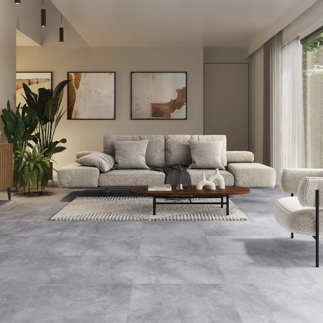 Floor and Wall Color Combinations: 27 Rooms That Get It Right 14 Gray tile flooring in a modern living room with a beige sofa and abstract wall art.