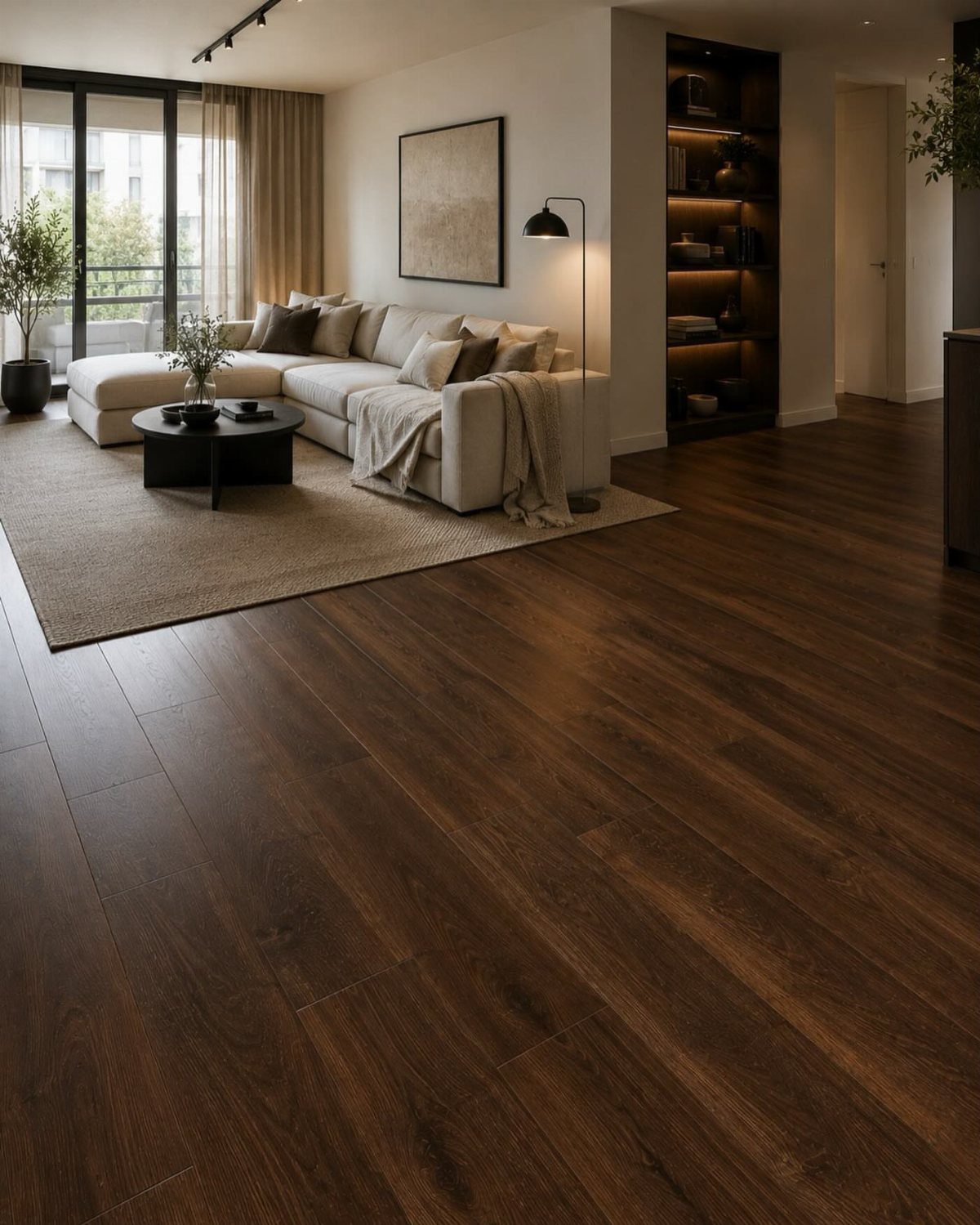 Floor and Wall Color Combinations: 27 Rooms That Get It Right 9 Medium dark wood flooring in a modern living room with a cream sofa and white walls.
