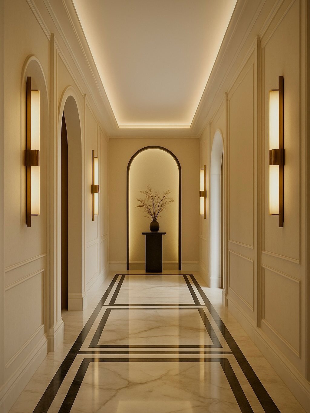 Floor and Wall Color Combinations: 27 Rooms That Get It Right 16 A luxurious hallway with cream paneled walls, arched doorways, and marble floors with black geometric patterns.