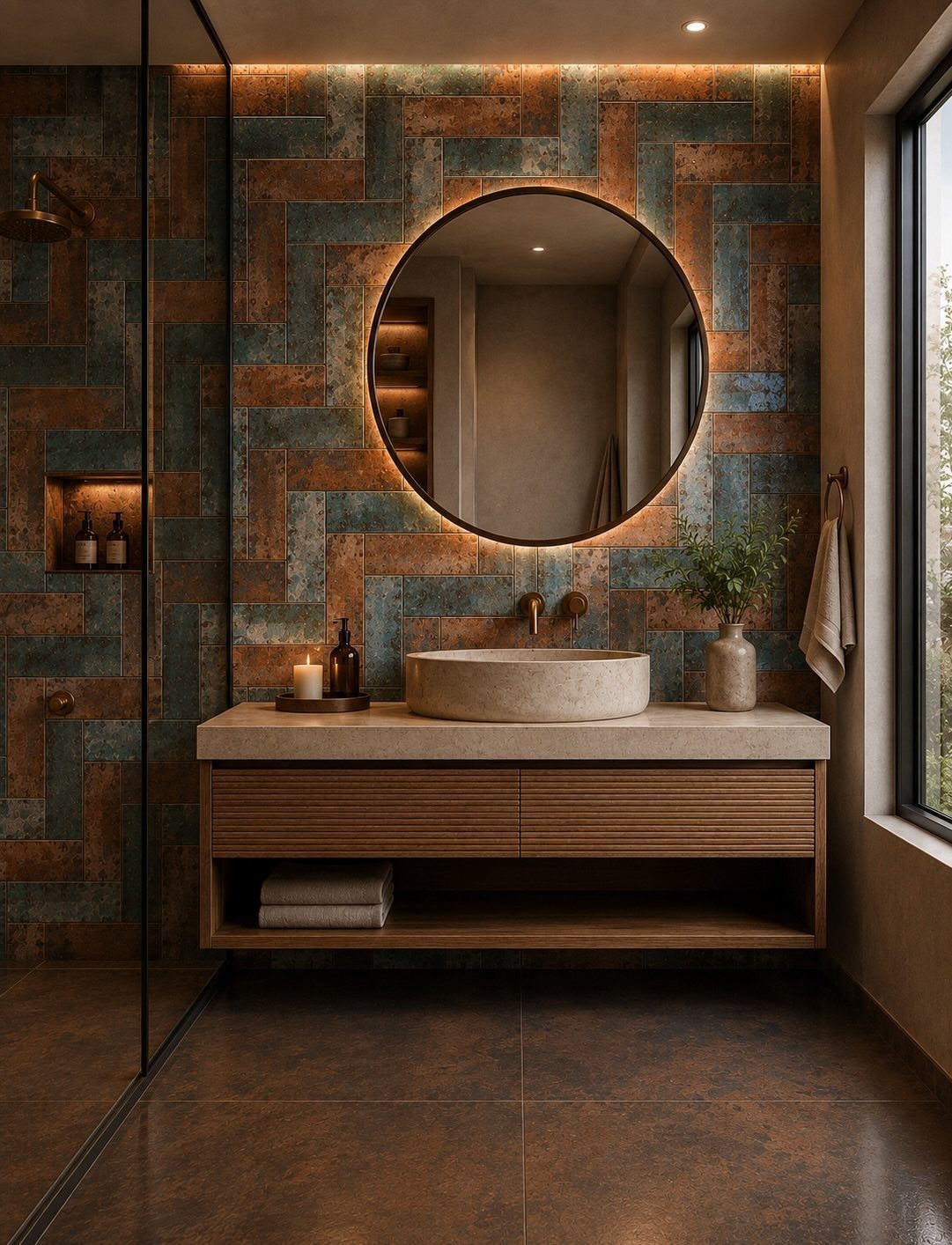 Floor and Wall Color Combinations: 27 Rooms That Get It Right 17 Modern bathroom with teal and copper herringbone tiles, a backlit round mirror, and a stone vessel sink.