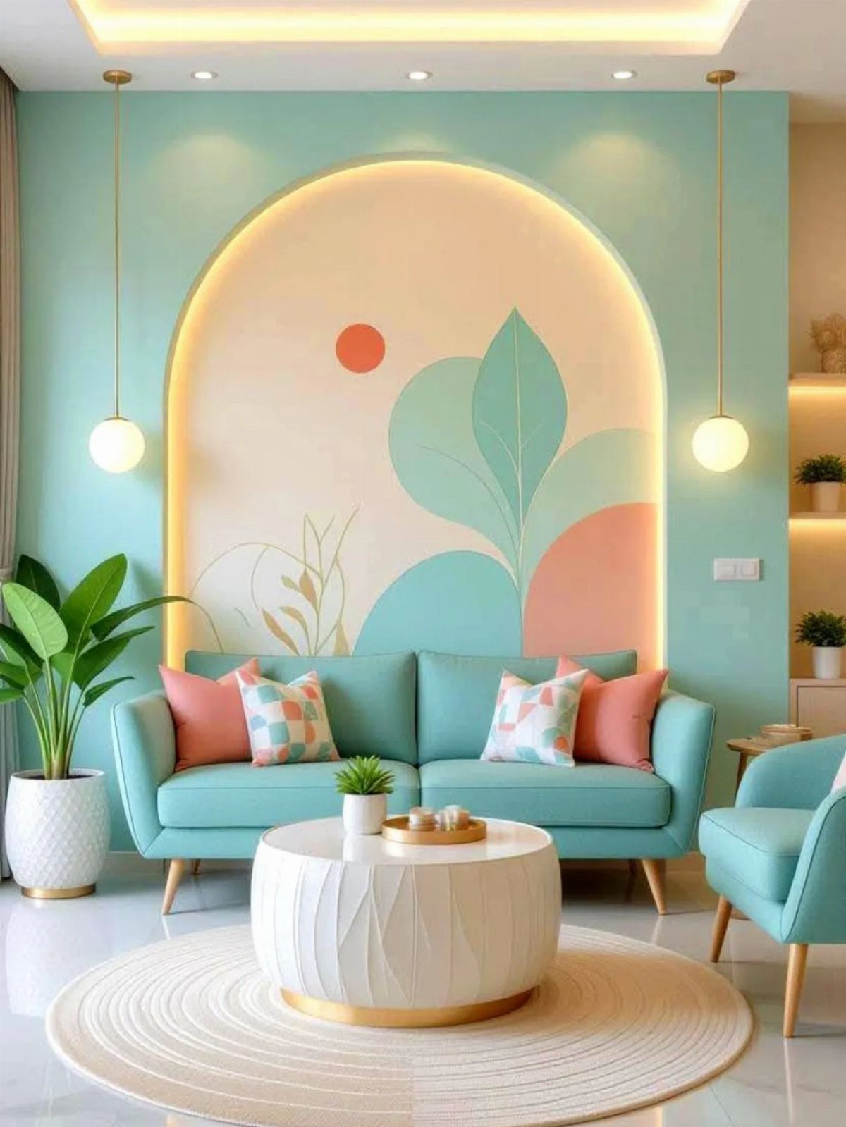 Floor and Wall Color Combinations: 27 Rooms That Get It Right 6 Teal sofa and white coffee table set against a pastel arched wall mural.