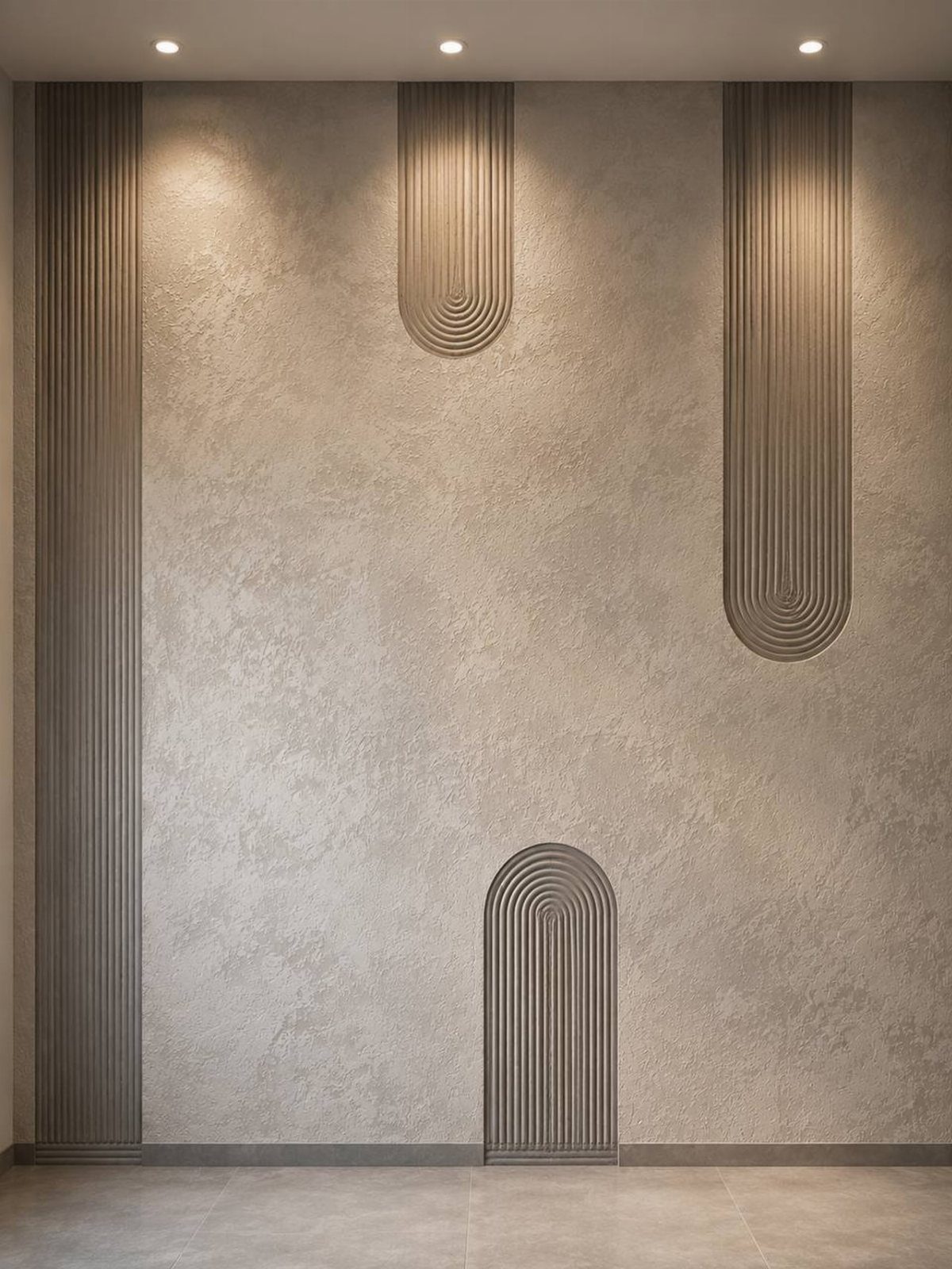 Floor and Wall Color Combinations: 27 Rooms That Get It Right 12 Textured beige wall with vertical fluted architectural elements and soft recessed lighting.