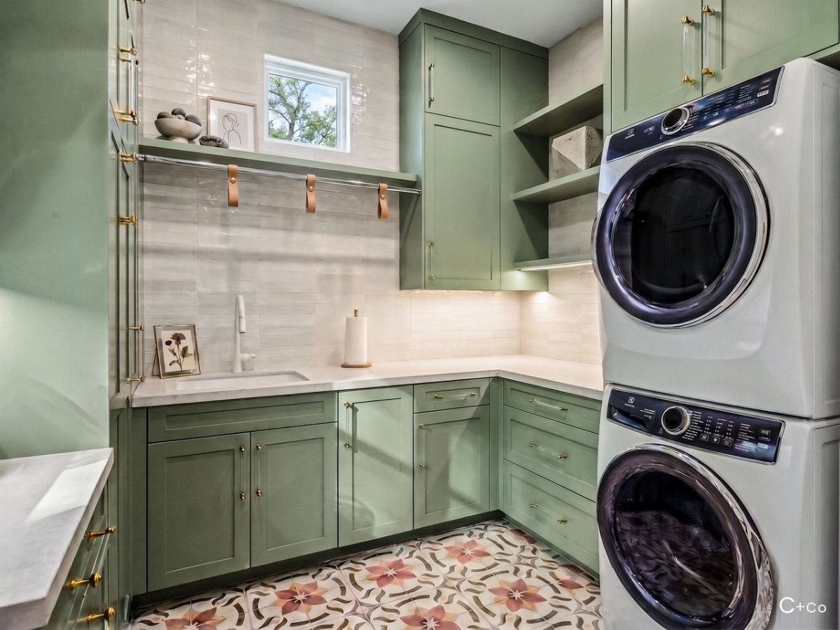 Floor Tile for Laundry Room: 11 Styles That Hold Up to Real Life 8 Patterned floral floor tiles in a laundry room with sage green cabinets and white appliances.