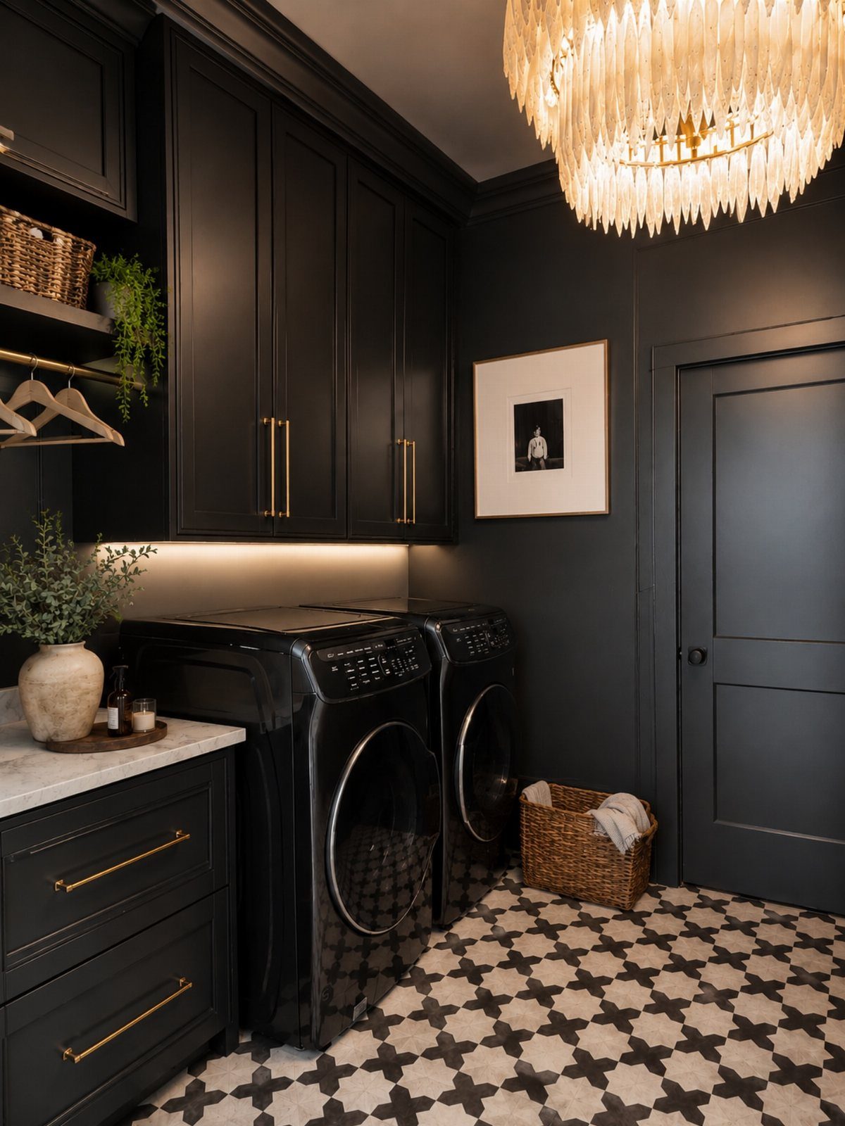 Floor Tile for Laundry Room: 11 Styles That Hold Up to Real Life 7 Black laundry machines sit on a geometric patterned floor tile in a dark room.