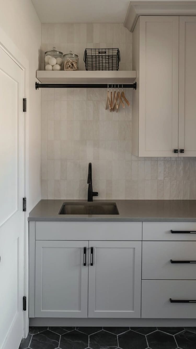 Floor Tile for Laundry Room: 11 Styles That Hold Up to Real Life 4 Dark hexagon floor tiles installed in a modern laundry room with grey cabinets.