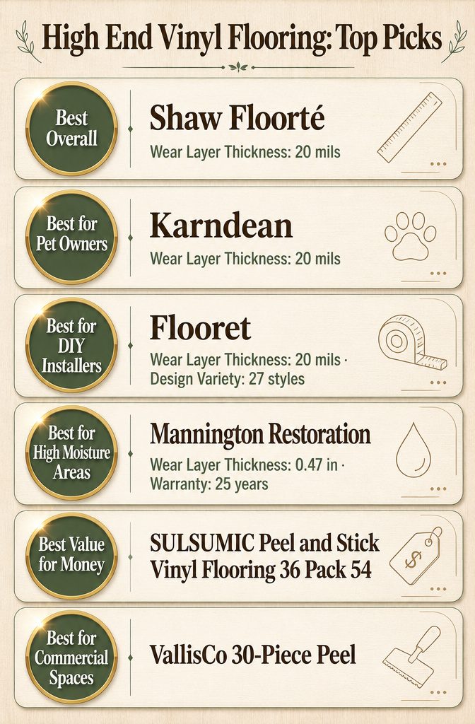 High End Vinyl Flooring: 10 Top Picks for 2026 6 Infographic comparing top picks for high-end vinyl flooring with product details
