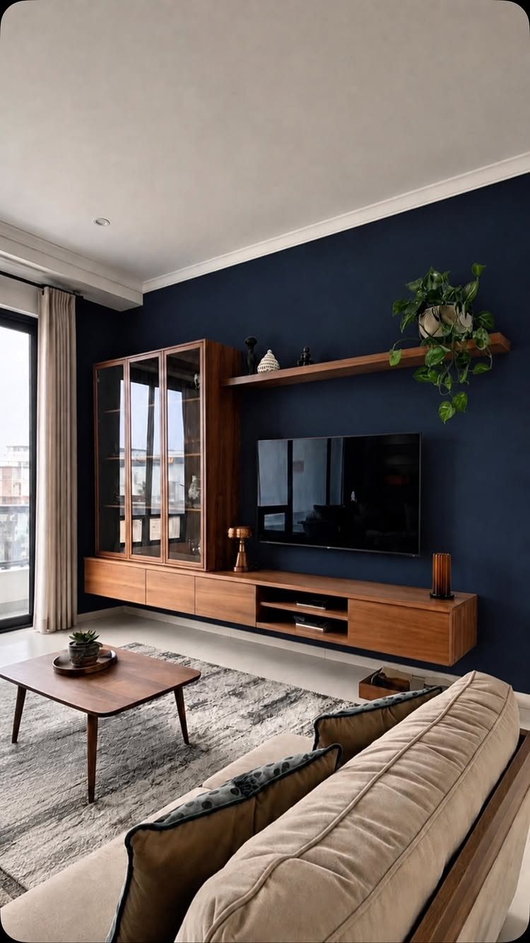 10 Interior Walls Ideas for 2026: Colors, Textures & Clever Details 1 A dark navy blue accent wall in a modern living room with wooden furniture.