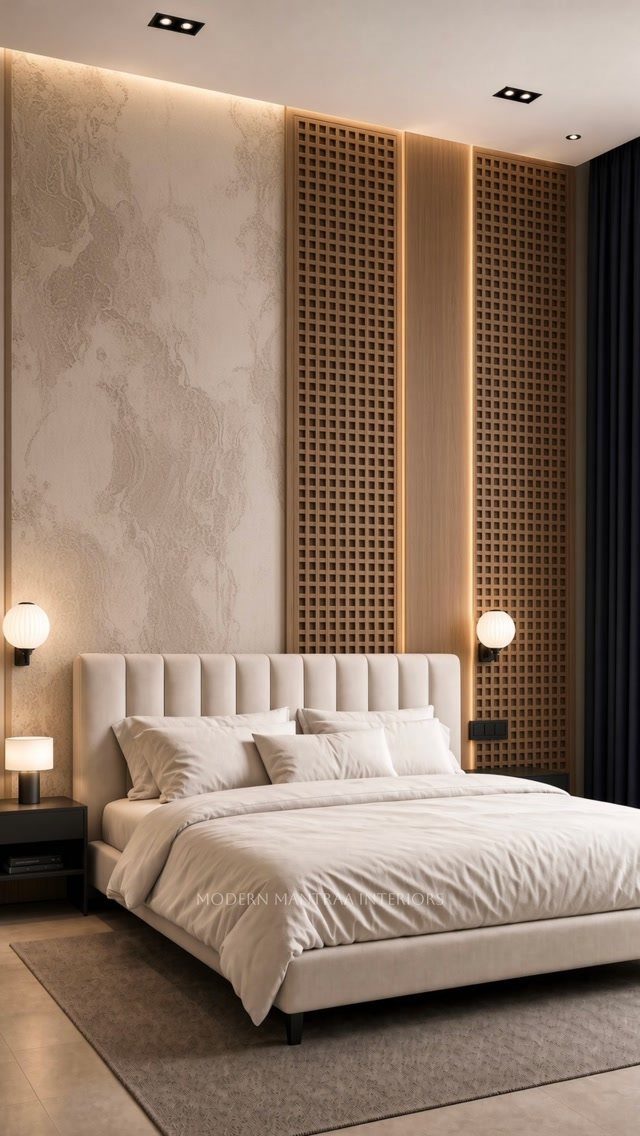 10 Interior Walls Ideas for 2026: Colors, Textures & Clever Details 2 A modern bedroom with a layered feature wall of stone texture and wooden slats behind a bed.