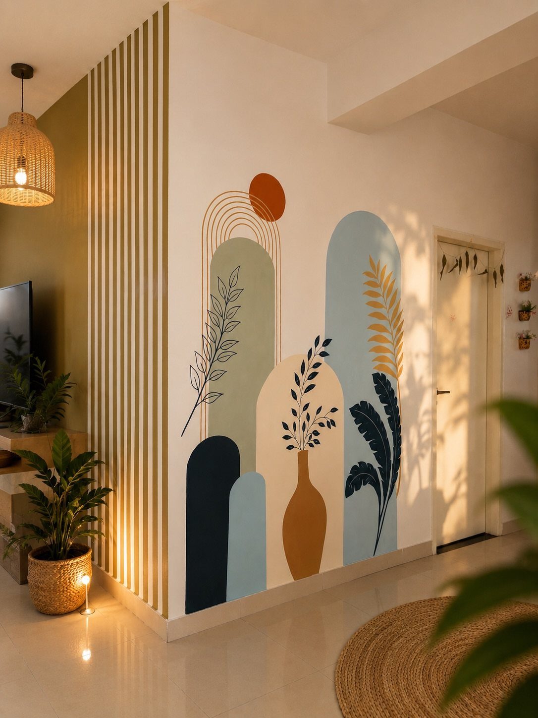 10 Interior Walls Ideas for 2026: Colors, Textures & Clever Details 4 Abstract botanical mini mural painted on a white interior wall with vertical wooden slats.