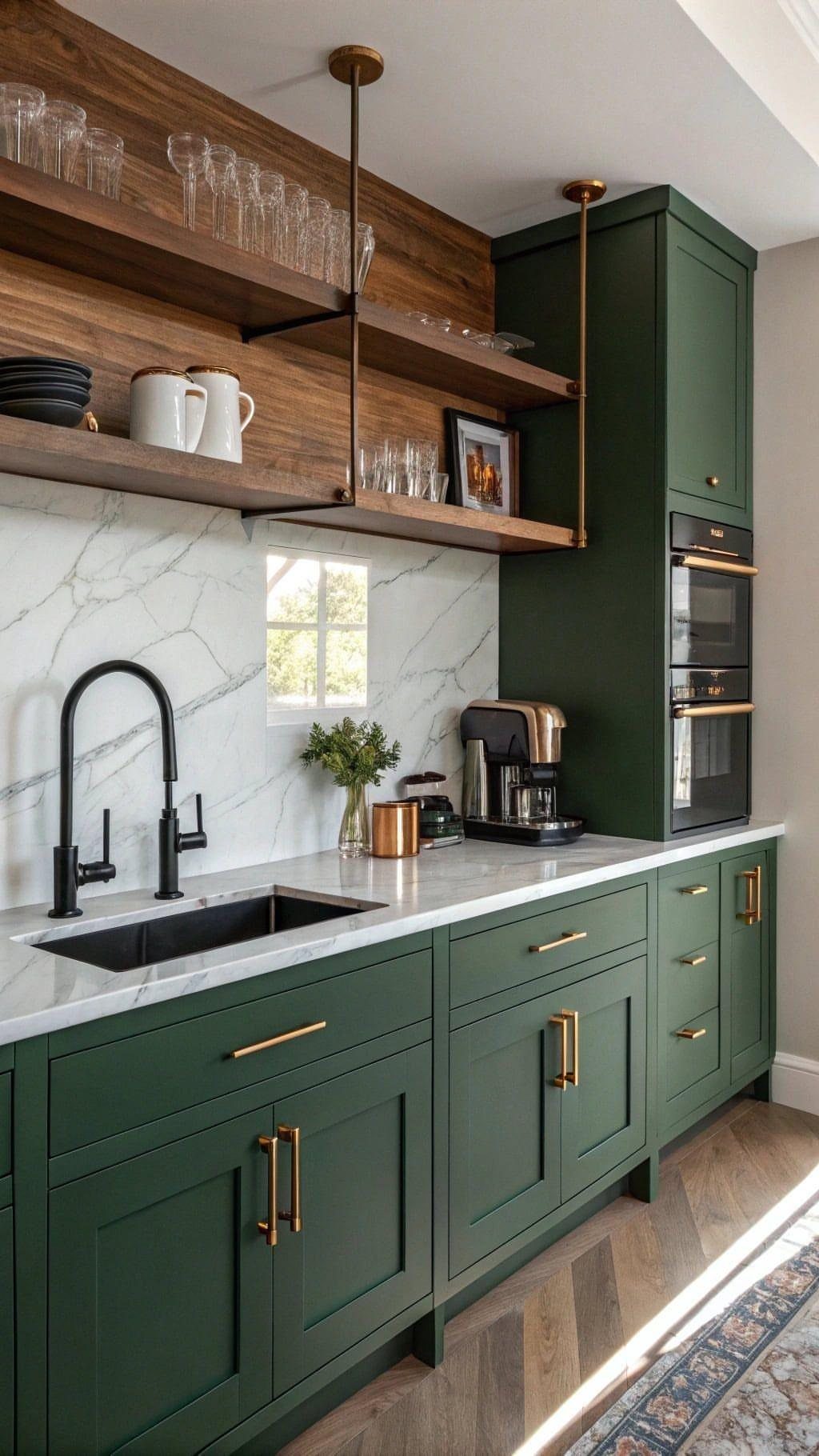 Kitchen Floors with Wood Cabinets: 10 Ideas That Work 5 Dark green kitchen cabinets with gold handles and a marble countertop over wood flooring.