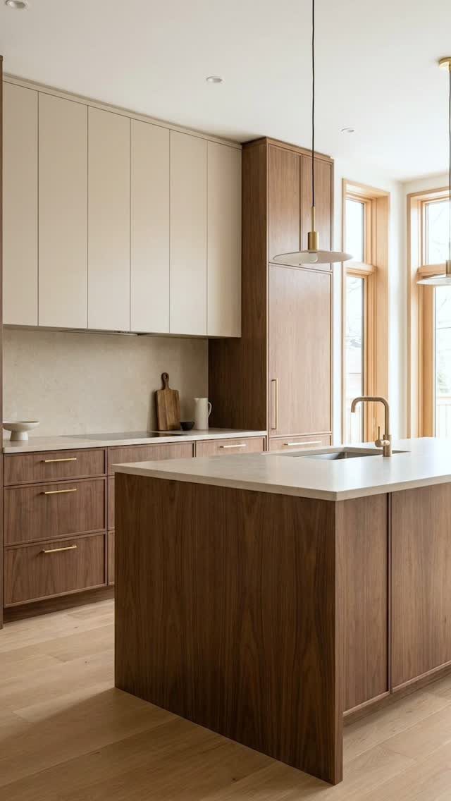 Kitchen Floors with Wood Cabinets: 10 Ideas That Work 2 Dark wood kitchen cabinets and island paired with light wood flooring in a modern kitchen.