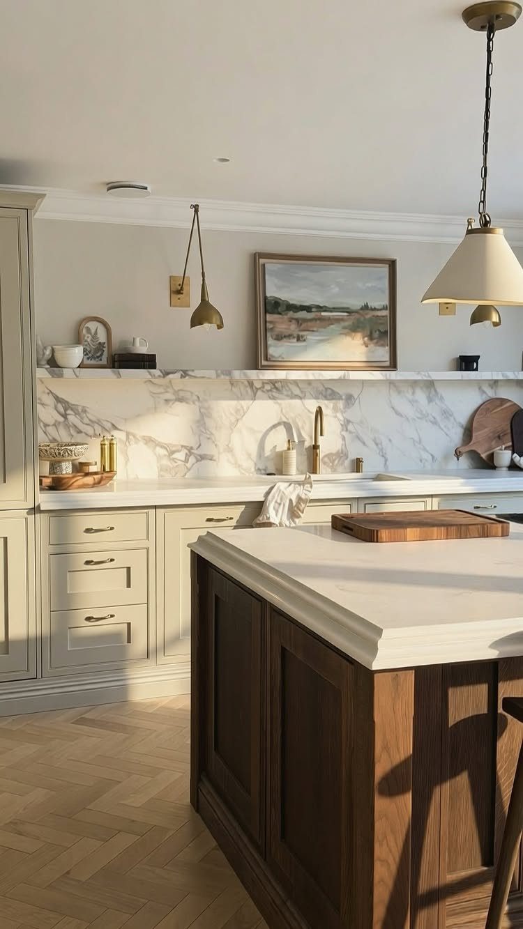 Kitchen Floors with Wood Cabinets: 10 Ideas That Work 8 Light gray kitchen cabinets and a dark wood island with herringbone wood flooring.