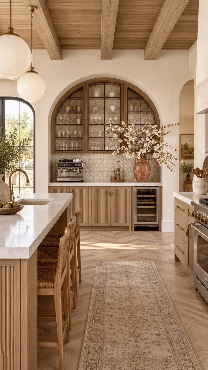 Kitchen Floors with Wood Cabinets: 10 Ideas That Work 1 Light wood kitchen cabinets and herringbone wood flooring with matching ceiling beams and marble island.