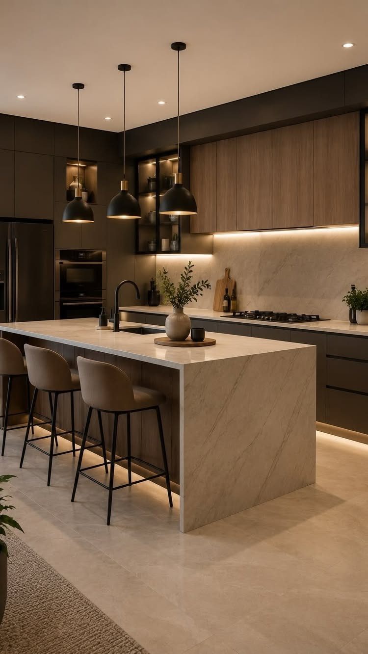 Kitchen Floors with Wood Cabinets: 10 Ideas That Work 6 Natural wood upper cabinets above dark gray lower cabinets and a stone waterfall kitchen island.