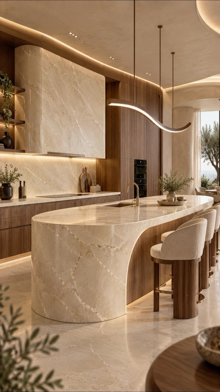 Kitchen Floors with Wood Cabinets: 10 Ideas That Work 10 Modern kitchen with a curved marble island, wood cabinets, and polished stone flooring.