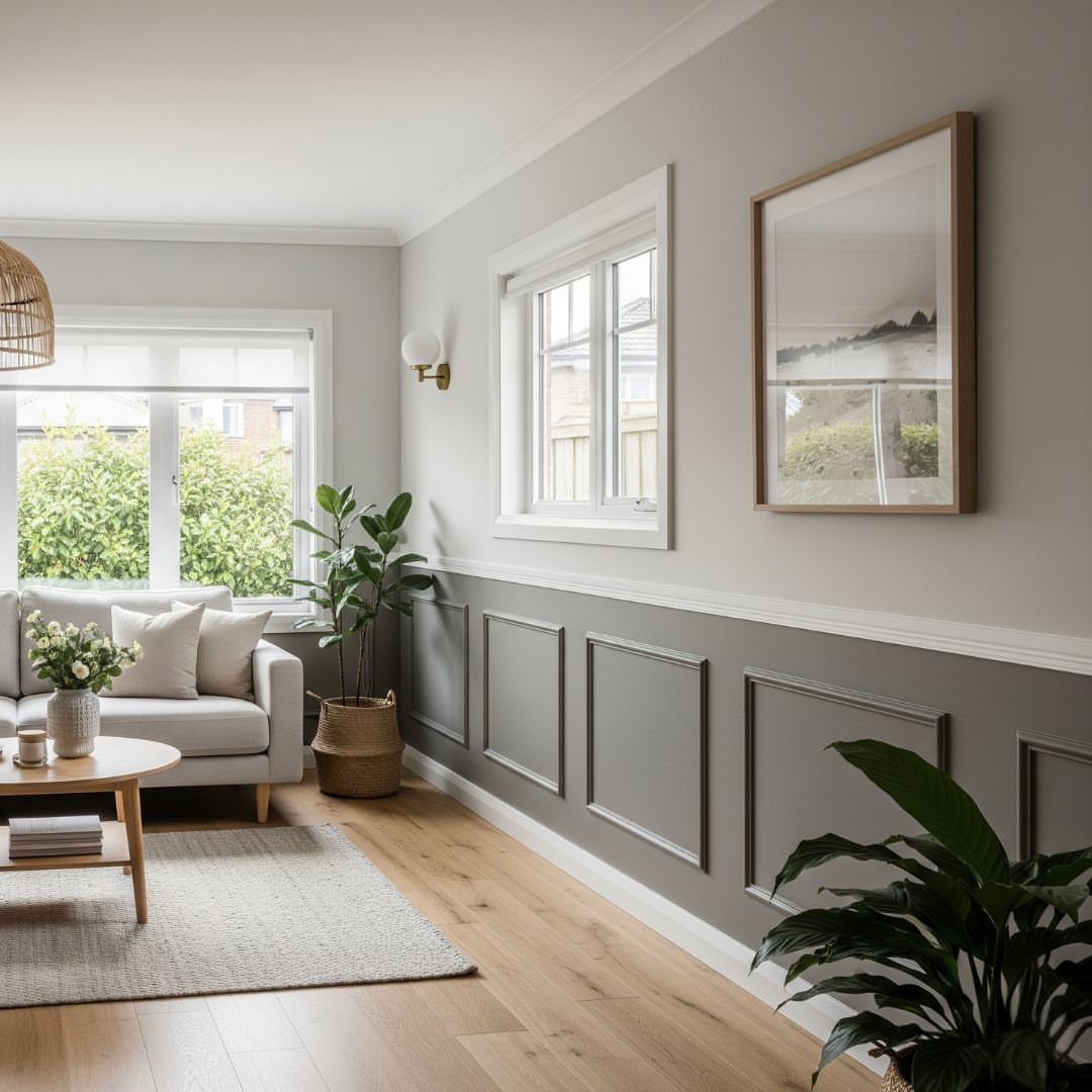 Grey living room walls featuring white wainscoting and decorative picture frame molding on the lower section.