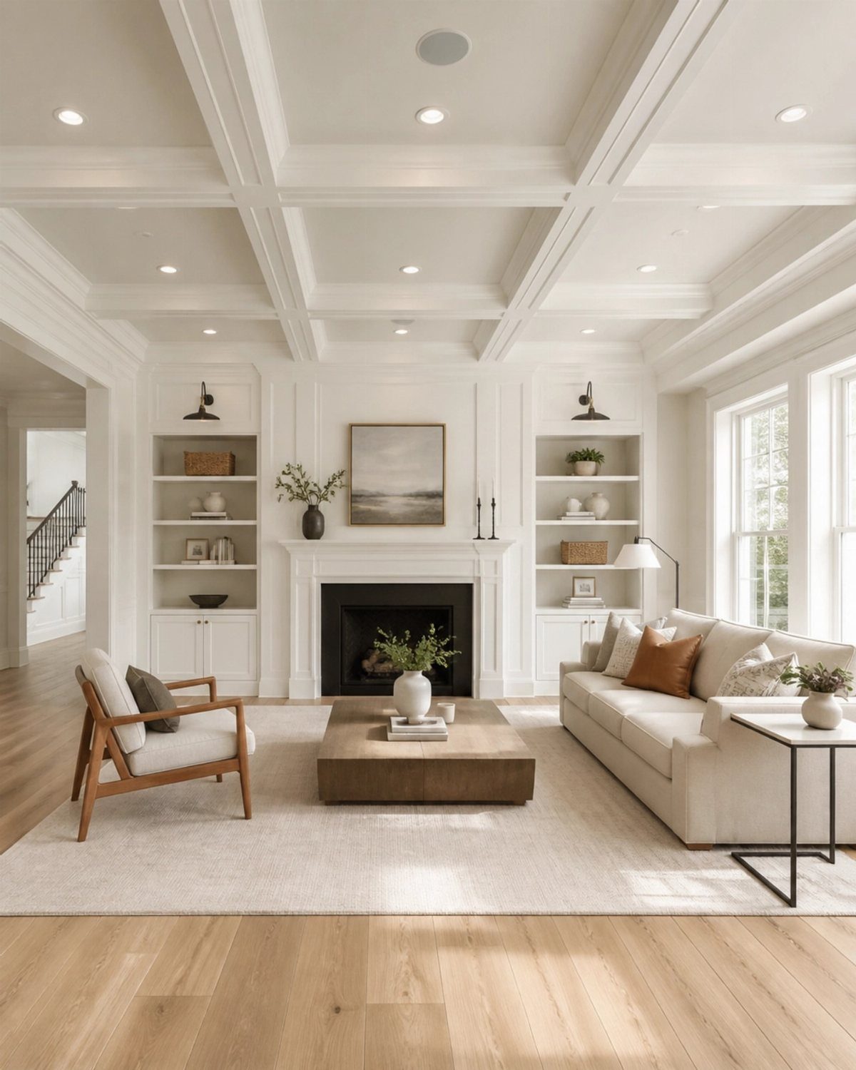 White coffered ceiling beams above a bright living room with a fireplace and cream sofa.