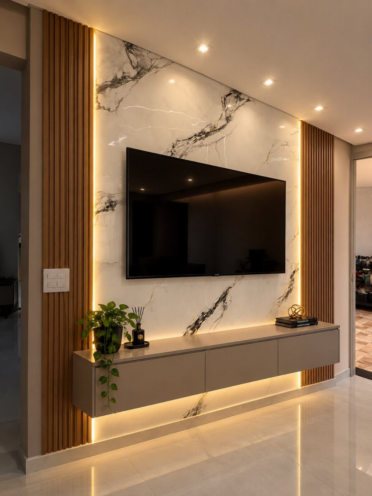 A television mounted on a marble wall with wooden slats and warm LED lighting.
