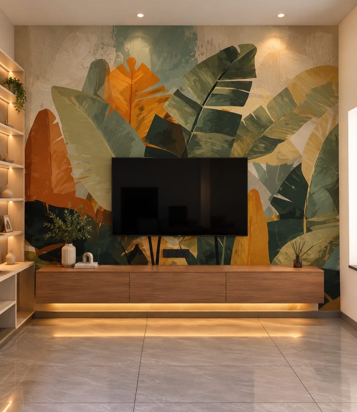 A television mounted on a wall with a large tropical leaf mural above a floating wooden console.
