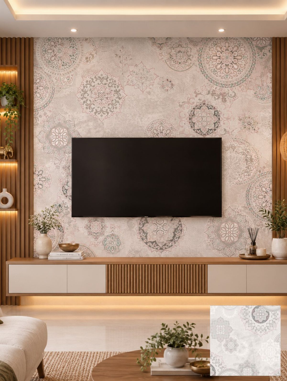 A television mounted on a wall featuring light-colored mandala patterned wallpaper above a wooden console.