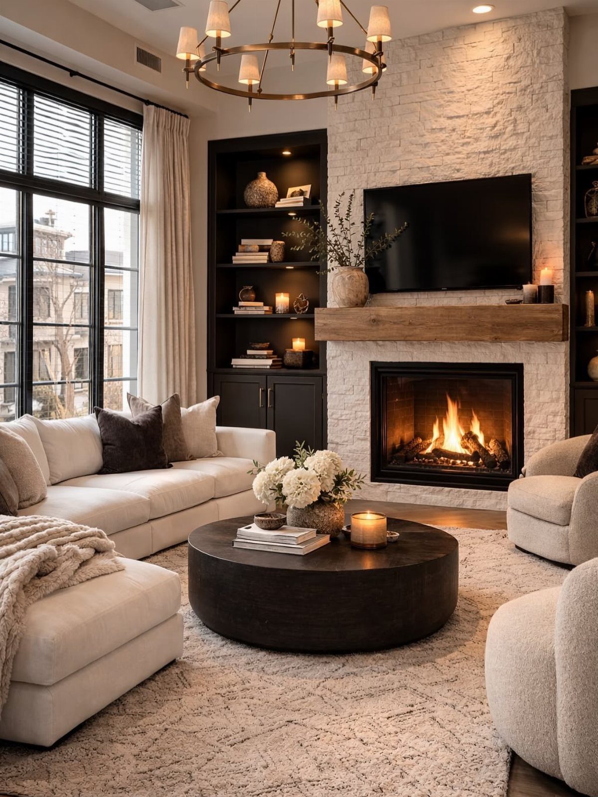 White stone accent wall with a black fireplace, wooden mantel, and mounted television in a living room.