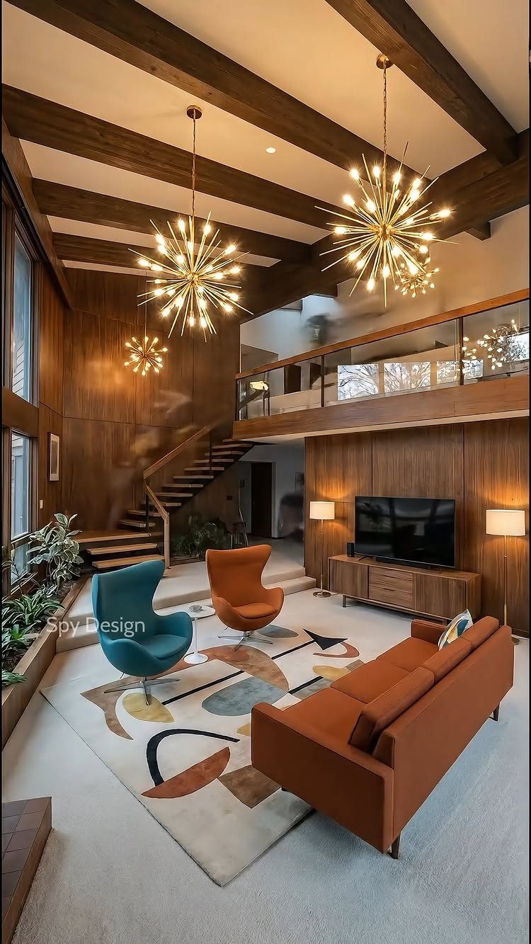 Modern living room with wood paneled walls, dark ceiling beams, and colorful mid-century modern furniture.