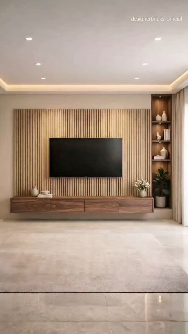 Television mounted on a wood slat wall with a floating console and backlit recessed shelving.