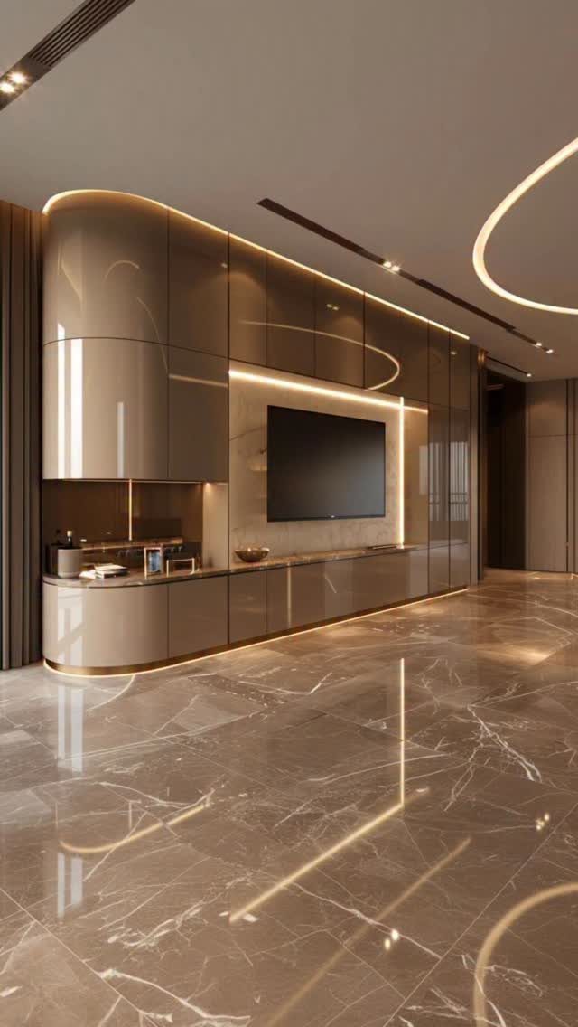 Polished marble flooring with white veining in a modern living room with tan cabinetry.