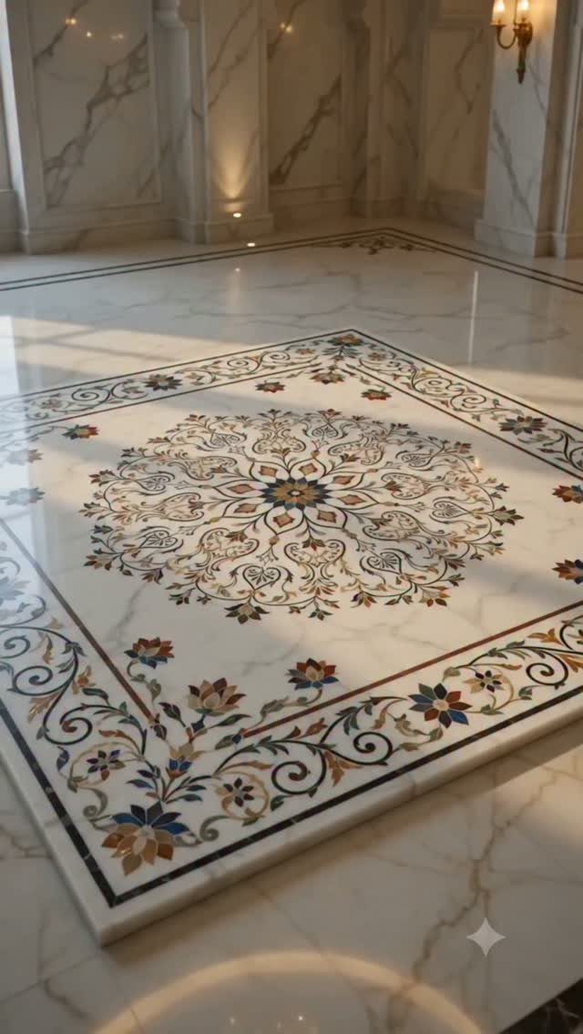 Intricate marble medallion centerpiece with floral patterns inlaid on a polished white marble floor.